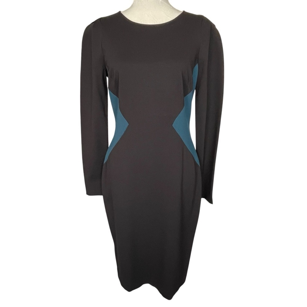 Ann Taylor Colorblock Knit Sheath Dress Women’s Size 6 Long Sleeves Black Teal